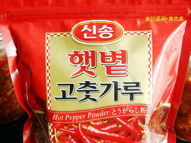 In the image in the center, we can see one red packet. On the packet, we can see red chilies. And...