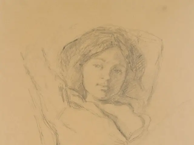 In the image we can see there is a cream colour sheet on which there is a pencil sketch of a woman.