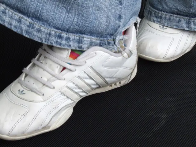 In this image we can see the legs of a person wearing shoes.